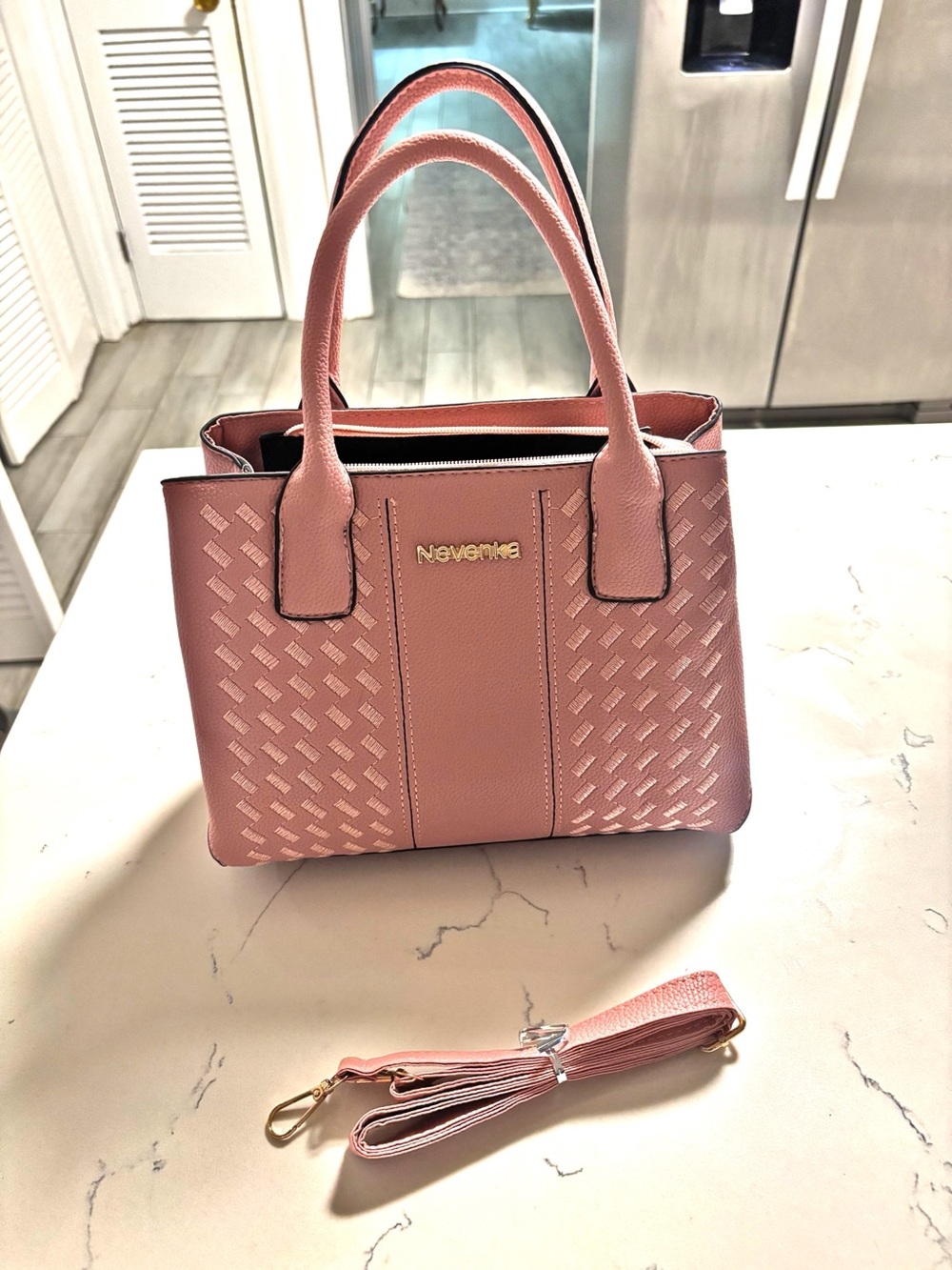 Nevenka Pink Textured Satchel Handbag with Removable Adjustable Strap, New